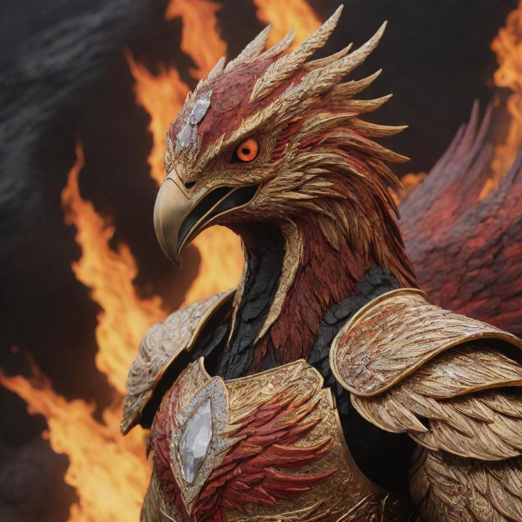 A realistic depiction of the aggressive face of a phoenix, clad in golden armor with diamond inlays, set against a landscape filled with fire and lava in hues of red and black.