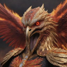 A realistic depiction of the aggressive face of a phoenix, clad in golden armor with diamond inlays, set against a landscape filled with fire and lava in hues of red and black.