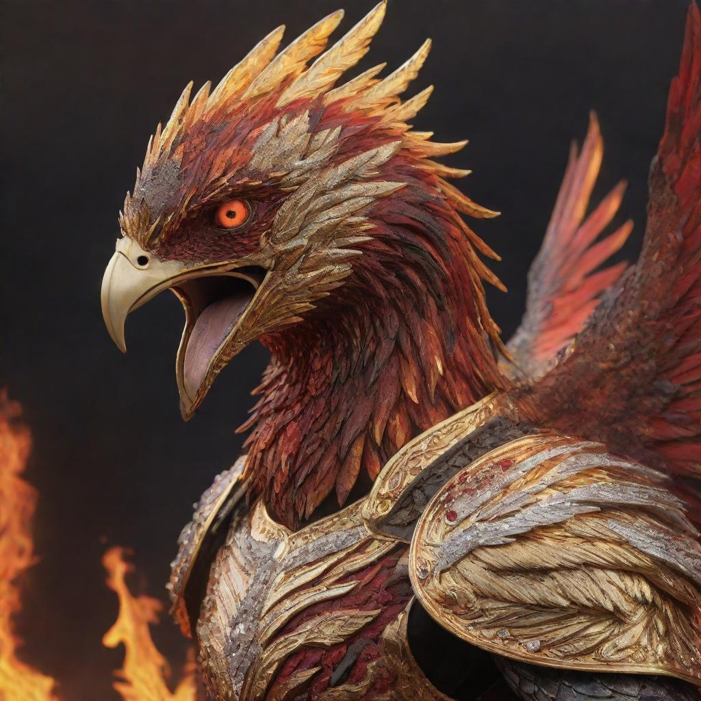 A realistic depiction of the aggressive face of a phoenix, clad in golden armor with diamond inlays, set against a landscape filled with fire and lava in hues of red and black.