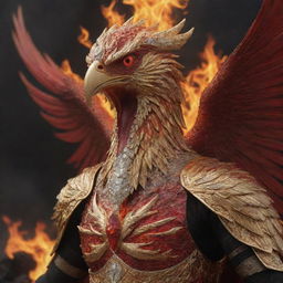 A realistic depiction of the aggressive face of a phoenix, clad in golden armor with diamond inlays, set against a landscape filled with fire and lava in hues of red and black.