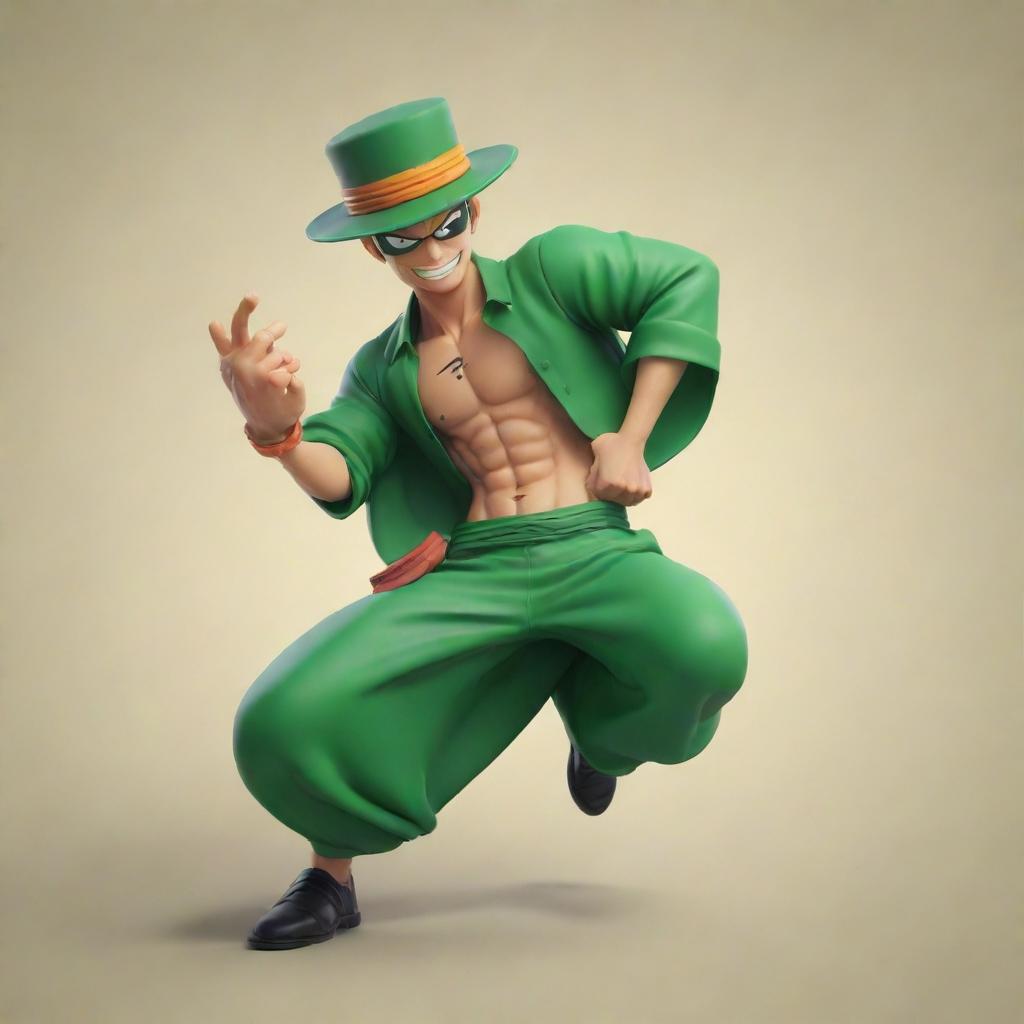 A 3D logo for 'Juan Piece', inspired by One Piece, featuring character Zoro in a dynamic pose