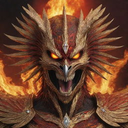 A realistic and detailed face of an aggressive phoenix, adorned with a golden armor studded with diamonds, set against a fiery background with lava in shades of red and black.