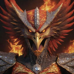 A realistic and detailed face of an aggressive phoenix, adorned with a golden armor studded with diamonds, set against a fiery background with lava in shades of red and black.