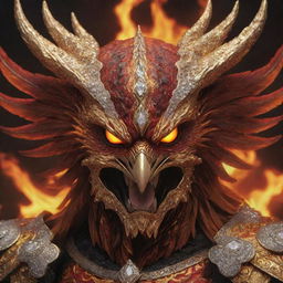 A realistic and detailed face of an aggressive phoenix, adorned with a golden armor studded with diamonds, set against a fiery background with lava in shades of red and black.