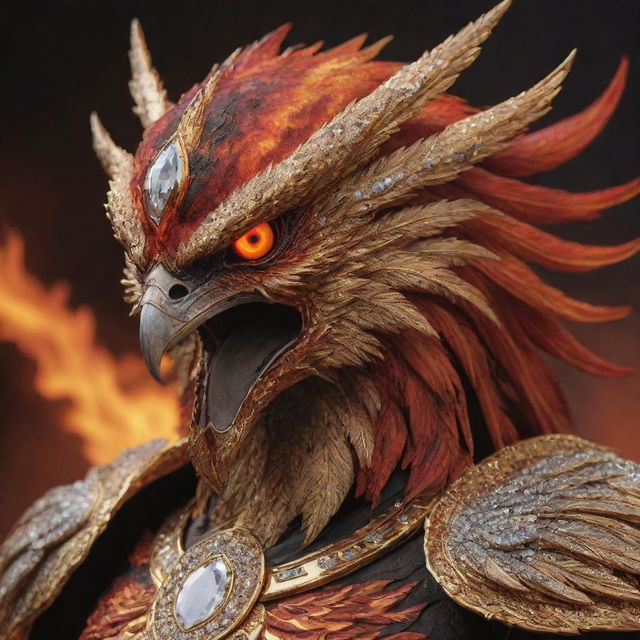 A realistic and detailed face of an aggressive phoenix, adorned with a golden armor studded with diamonds, set against a fiery background with lava in shades of red and black.