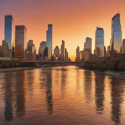 Picture a vibrant cityscape at sunset with high-rise buildings, orange sky, and a gleaming river flowing through. On a closer look, every building structure is made of intertwined musical notes.