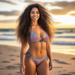 A beautiful Latina woman with long, curly hair, wearing a bikini