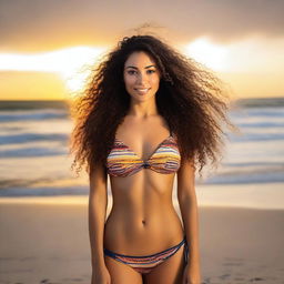 A beautiful Latina woman with long, curly hair, wearing a bikini