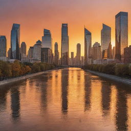 Picture a vibrant cityscape at sunset with high-rise buildings, orange sky, and a gleaming river flowing through. On a closer look, every building structure is made of intertwined musical notes.