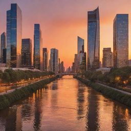 Picture a vibrant cityscape at sunset with high-rise buildings, orange sky, and a gleaming river flowing through. On a closer look, every building structure is made of intertwined musical notes.