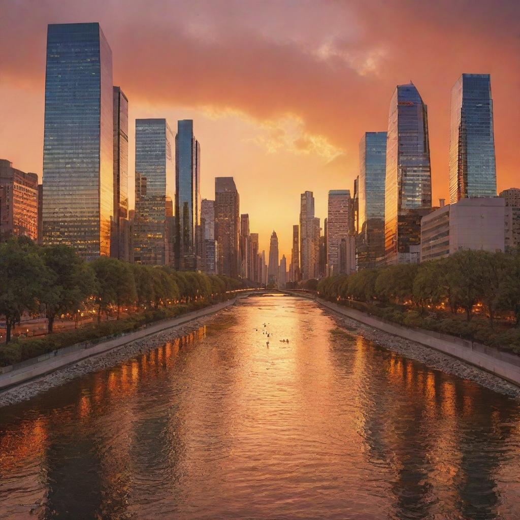 Picture a vibrant cityscape at sunset with high-rise buildings, orange sky, and a gleaming river flowing through. On a closer look, every building structure is made of intertwined musical notes.