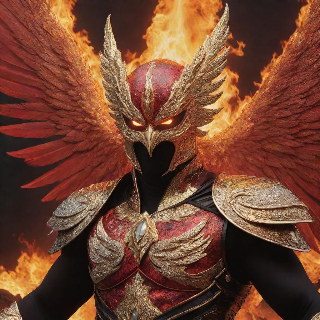 A vivid depiction of an aggressive phoenix's face, shielded by a golden armor studded with diamonds, set against a fiery and lava-filled landscape in shades of red and black.