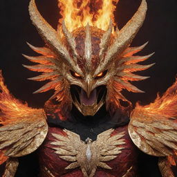 A vivid depiction of an aggressive phoenix's face, shielded by a golden armor studded with diamonds, set against a fiery and lava-filled landscape in shades of red and black.