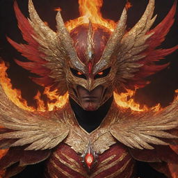 A vivid depiction of an aggressive phoenix's face, shielded by a golden armor studded with diamonds, set against a fiery and lava-filled landscape in shades of red and black.