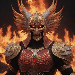 A vivid depiction of an aggressive phoenix's face, shielded by a golden armor studded with diamonds, set against a fiery and lava-filled landscape in shades of red and black.