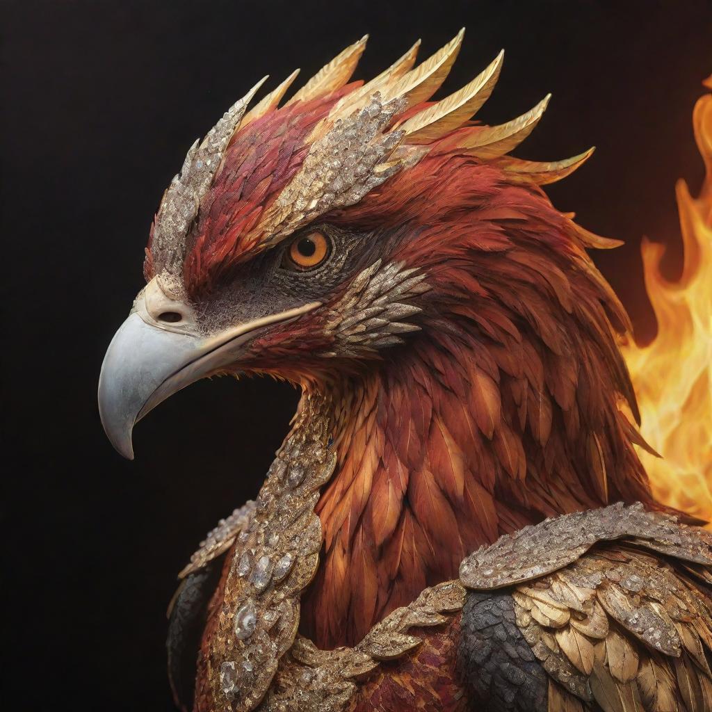 A detailed, realistic portrait of the aggressive beak of a phoenix, clad in a golden armor studded with diamonds, set against a crimson and black landscape ablaze with fire and lava.