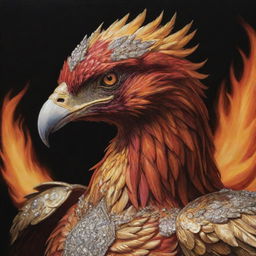 A detailed, realistic portrait of the aggressive beak of a phoenix, clad in a golden armor studded with diamonds, set against a crimson and black landscape ablaze with fire and lava.