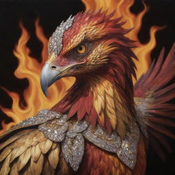 A detailed, realistic portrait of the aggressive beak of a phoenix, clad in a golden armor studded with diamonds, set against a crimson and black landscape ablaze with fire and lava.