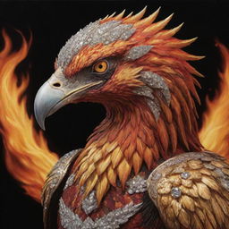 A detailed, realistic portrait of the aggressive beak of a phoenix, clad in a golden armor studded with diamonds, set against a crimson and black landscape ablaze with fire and lava.