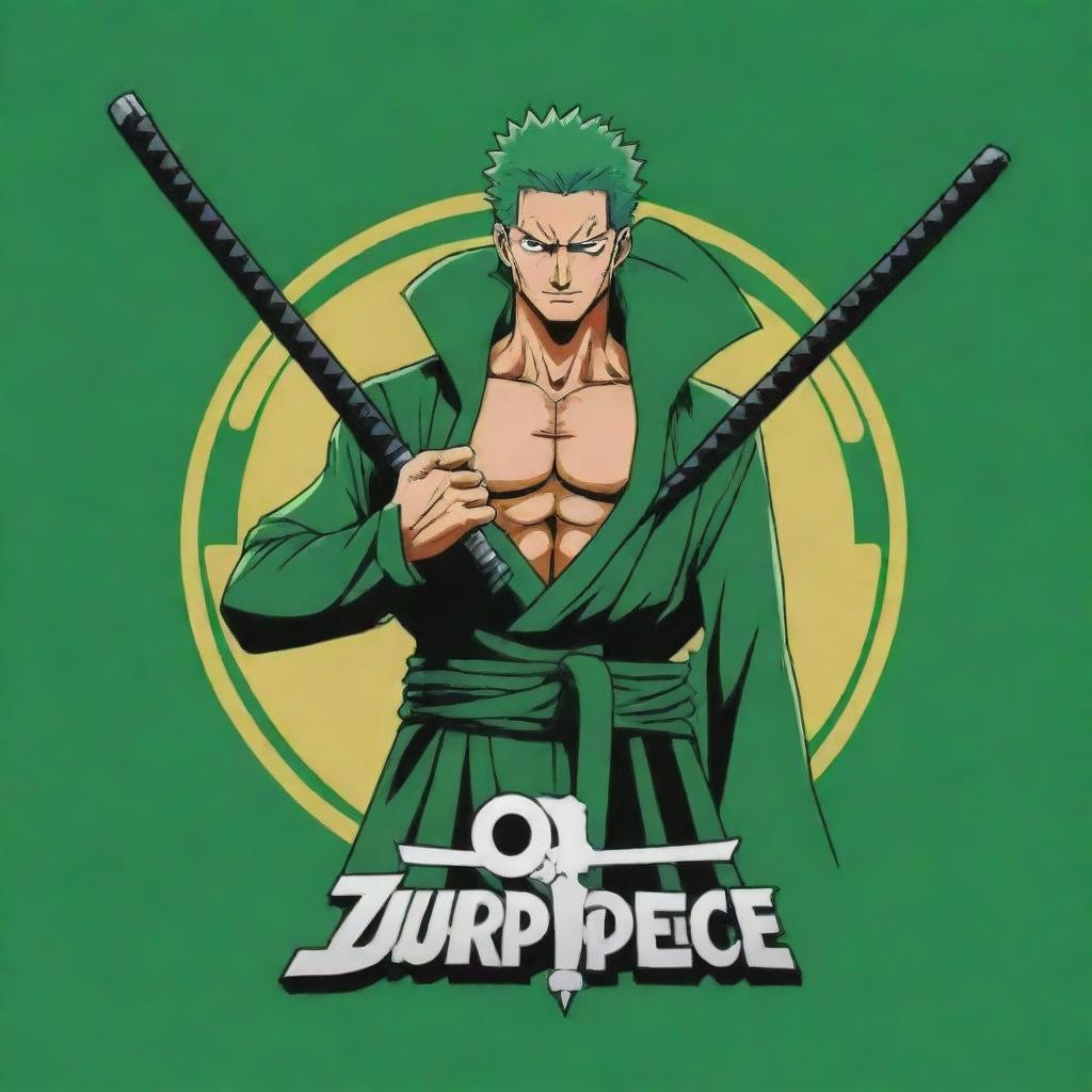 Anime character Zoro from One Piece, paired with a logo titled 'Juan Piece'. Zoro is in his iconic green robe, swords ready. Logo is stylized like One Piece's but with a unique twist.