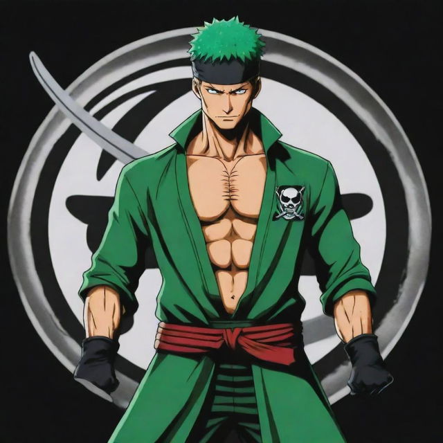 Anime character Zoro from One Piece, paired with a logo titled 'Juan Piece'. Zoro is in his iconic green robe, swords ready. Logo is stylized like One Piece's but with a unique twist.