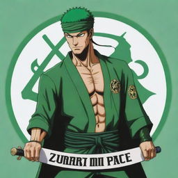 Anime character Zoro from One Piece, paired with a logo titled 'Juan Piece'. Zoro is in his iconic green robe, swords ready. Logo is stylized like One Piece's but with a unique twist.