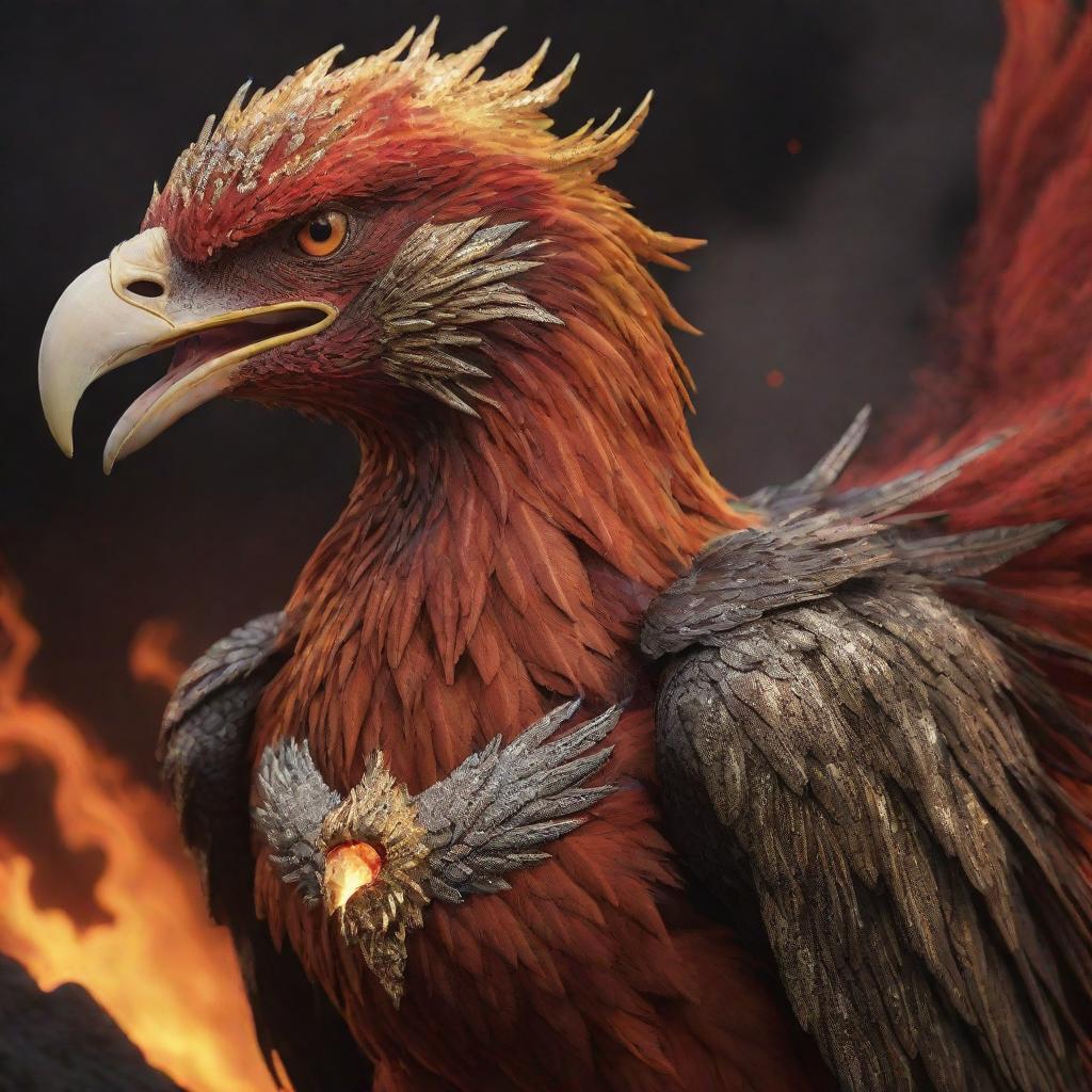 A realistic, detailed depiction of the aggressively screaming beak of a phoenix, armored in realistic golden and diamond-studded gear, against a fiery backdrop of red and black lava.