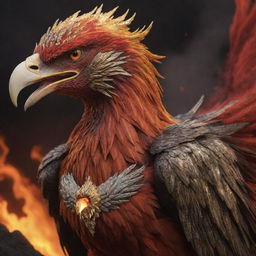 A realistic, detailed depiction of the aggressively screaming beak of a phoenix, armored in realistic golden and diamond-studded gear, against a fiery backdrop of red and black lava.