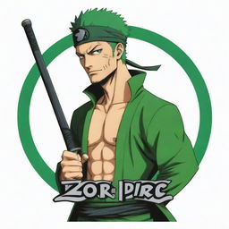 Anime character Zoro from One Piece, paired with a logo titled 'Juan Piece'. Zoro is in his iconic green robe, swords ready. Logo is stylized like One Piece's but with a unique twist.