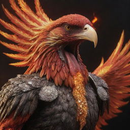 A realistic, detailed depiction of the aggressively screaming beak of a phoenix, armored in realistic golden and diamond-studded gear, against a fiery backdrop of red and black lava.