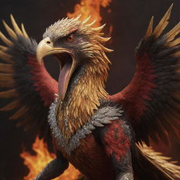 A realistic, detailed depiction of the aggressively screaming beak of a phoenix, armored in realistic golden and diamond-studded gear, against a fiery backdrop of red and black lava.