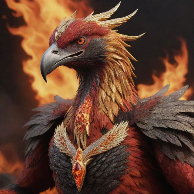 A realistic, detailed depiction of the aggressively screaming beak of a phoenix, armored in realistic golden and diamond-studded gear, against a fiery backdrop of red and black lava.