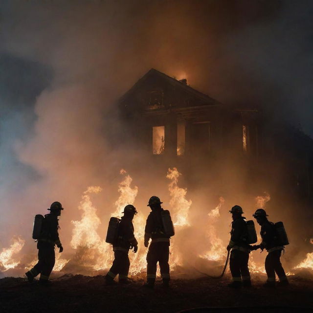 A high resolution photograph-like image of firefighters bravely extinguishing a colossal bookfire, amidst a mist of smoke, biome of melted candles, against a backdrop of dark building silhouettes