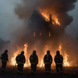 A high resolution photograph-like image of firefighters bravely extinguishing a colossal bookfire, amidst a mist of smoke, biome of melted candles, against a backdrop of dark building silhouettes