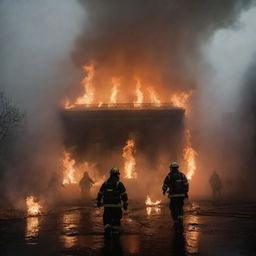 A high resolution photograph-like image of firefighters bravely extinguishing a colossal bookfire, amidst a mist of smoke, biome of melted candles, against a backdrop of dark building silhouettes