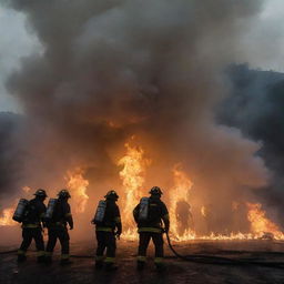 A high resolution photograph-like image of firefighters bravely extinguishing a colossal bookfire, amidst a mist of smoke, biome of melted candles, against a backdrop of dark building silhouettes