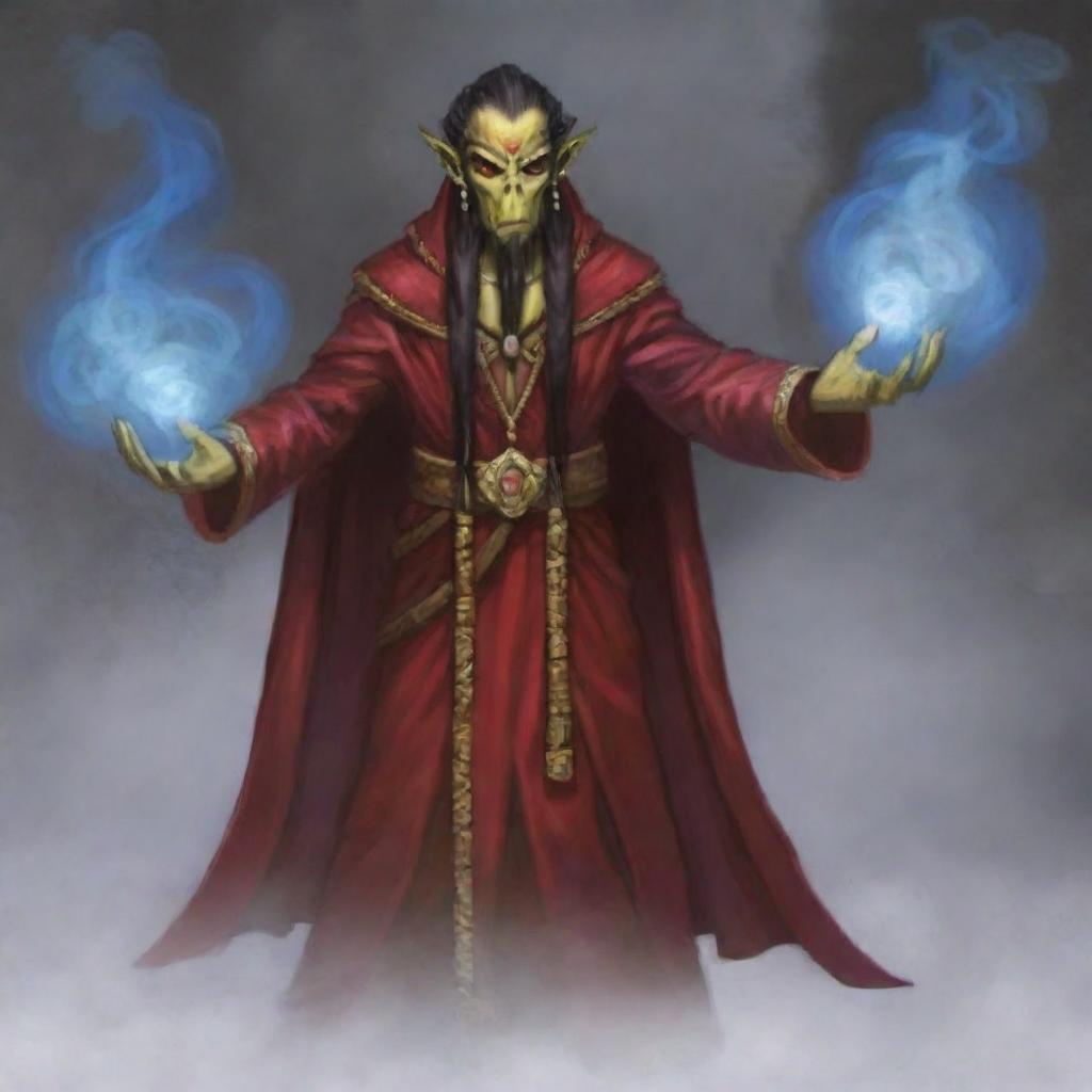 Generate an image of a Githyanki wizard dressed in red robes, casting a spell with a mystical aura surrounding him.