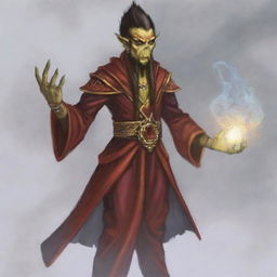 Generate an image of a Githyanki wizard dressed in red robes, casting a spell with a mystical aura surrounding him.