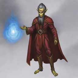 Generate an image of a Githyanki wizard dressed in red robes, casting a spell with a mystical aura surrounding him.