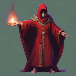 A Githzerai wizard, garbed in a mystic red robe and hood, holds a longstaff with an air of authority and wisdom