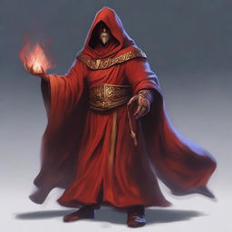 A Githzerai wizard, garbed in a mystic red robe and hood, holds a longstaff with an air of authority and wisdom