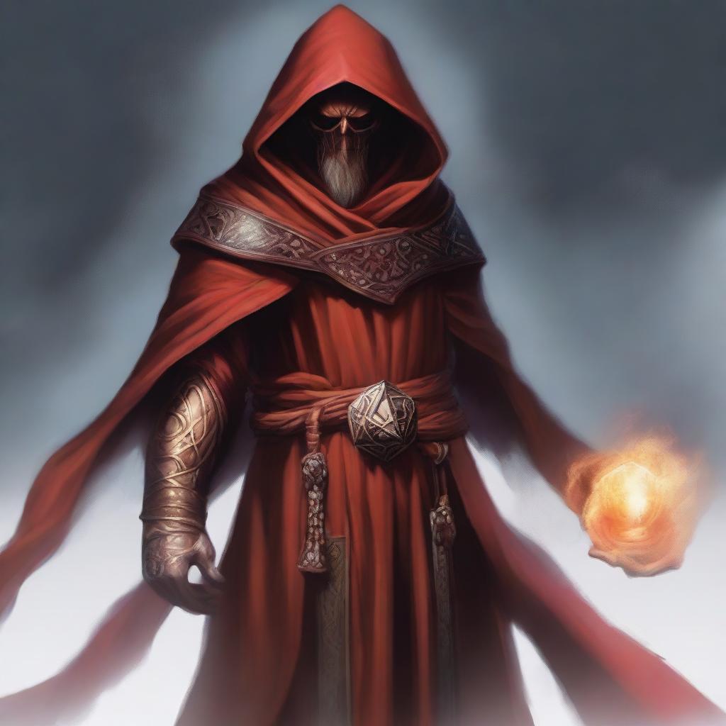 A Githzerai wizard, garbed in a mystic red robe and hood, holds a longstaff with an air of authority and wisdom