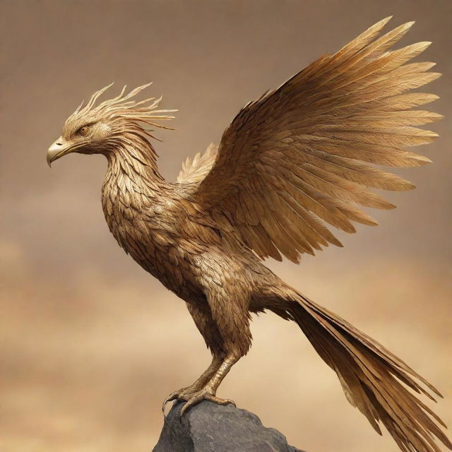 A strikingly realistic metal phoenix with an aggressive beak, adorned with incredibly long golden feathers, soaring through a golden-hued sky.