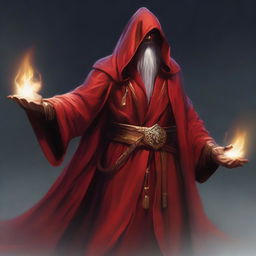 A Githzerai wizard, garbed in a mystic red robe and hood, holds a longstaff with an air of authority and wisdom