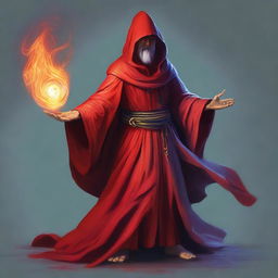 A Gith wizard, draped in a vibrant red robe and hood, firmly grasps a magical staff