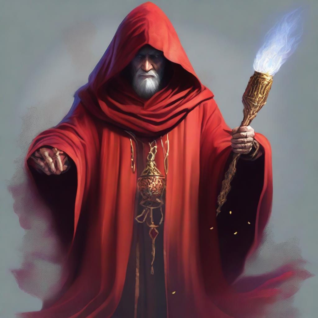 A Gith wizard, draped in a vibrant red robe and hood, firmly grasps a magical staff