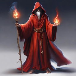 A Gith wizard, draped in a vibrant red robe and hood, firmly grasps a magical staff