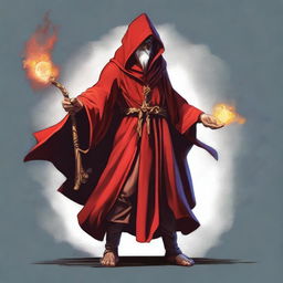 A Gith wizard, draped in a vibrant red robe and hood, firmly grasps a magical staff