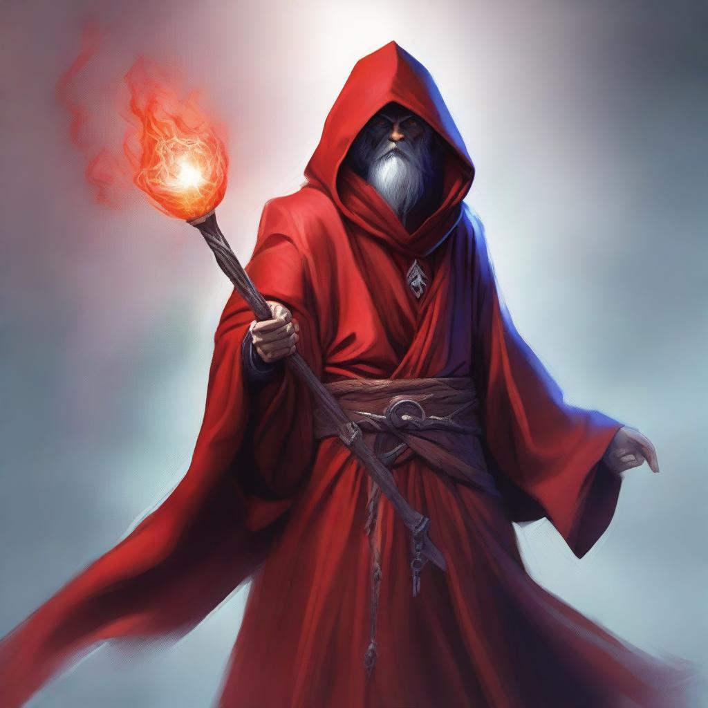 A Gith wizard from the world of Dungeons and Dragons, cloaked in a vibrant red robe, is holding a magical staff