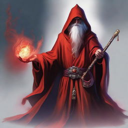 A Gith wizard from the world of Dungeons and Dragons, cloaked in a vibrant red robe, is holding a magical staff